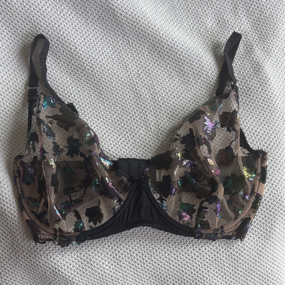 Fleur du Mal Prisma Black and Beige Sheer Lace Underwire Bra 34G